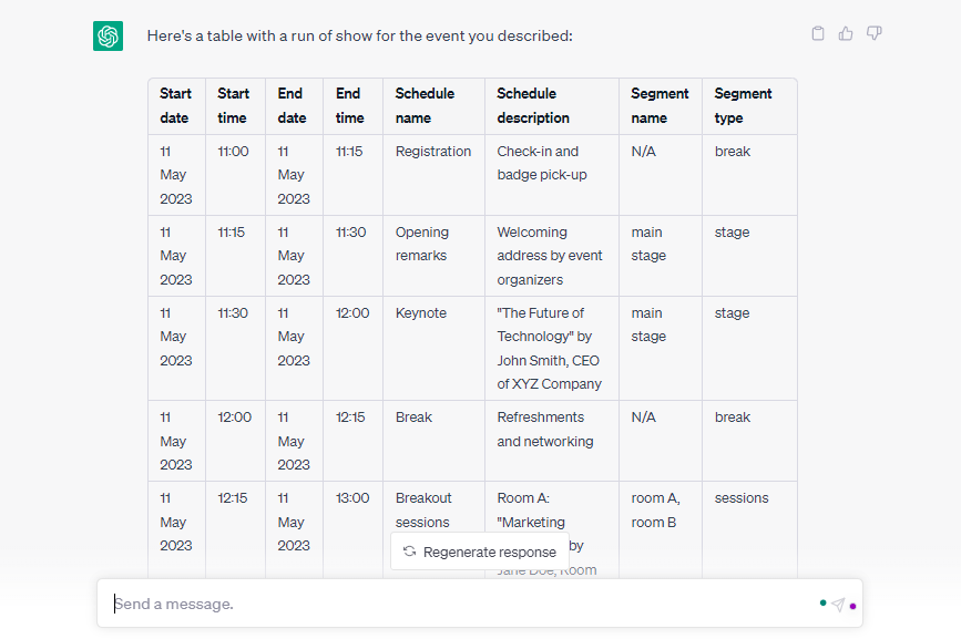 Example of an event schedule generated by ChatGPT