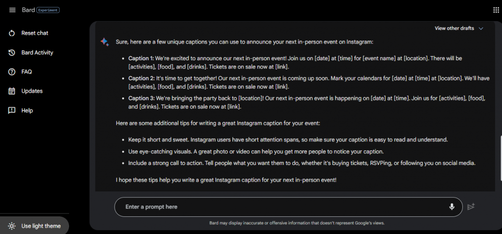 you can ask to write Google Bard for event marketing content